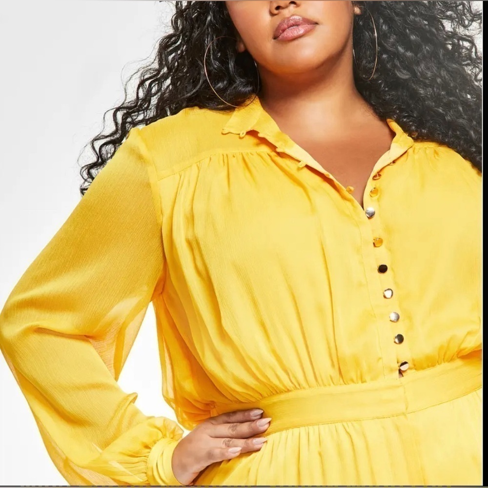 Nina Parker Womens Yellow Wide Leg Long Sleeve Button-Front Jumpsuit Plus Size - Picture 4 of 5